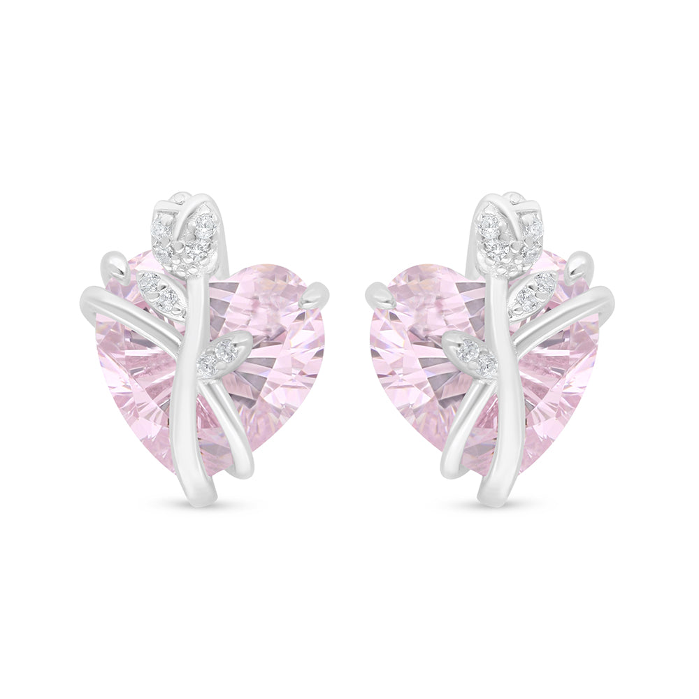 Sterling Silver 925 Earring Rhodium Plated Embedded With Pink Zircon And White Zircon