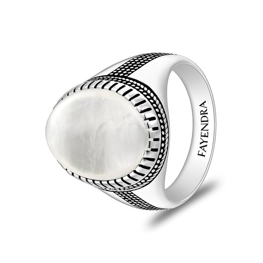 خاتم رجالي من الفضة الخالصة عيار 925 مطلي روديوم و اسود مرصع صدف ابيض كابشون