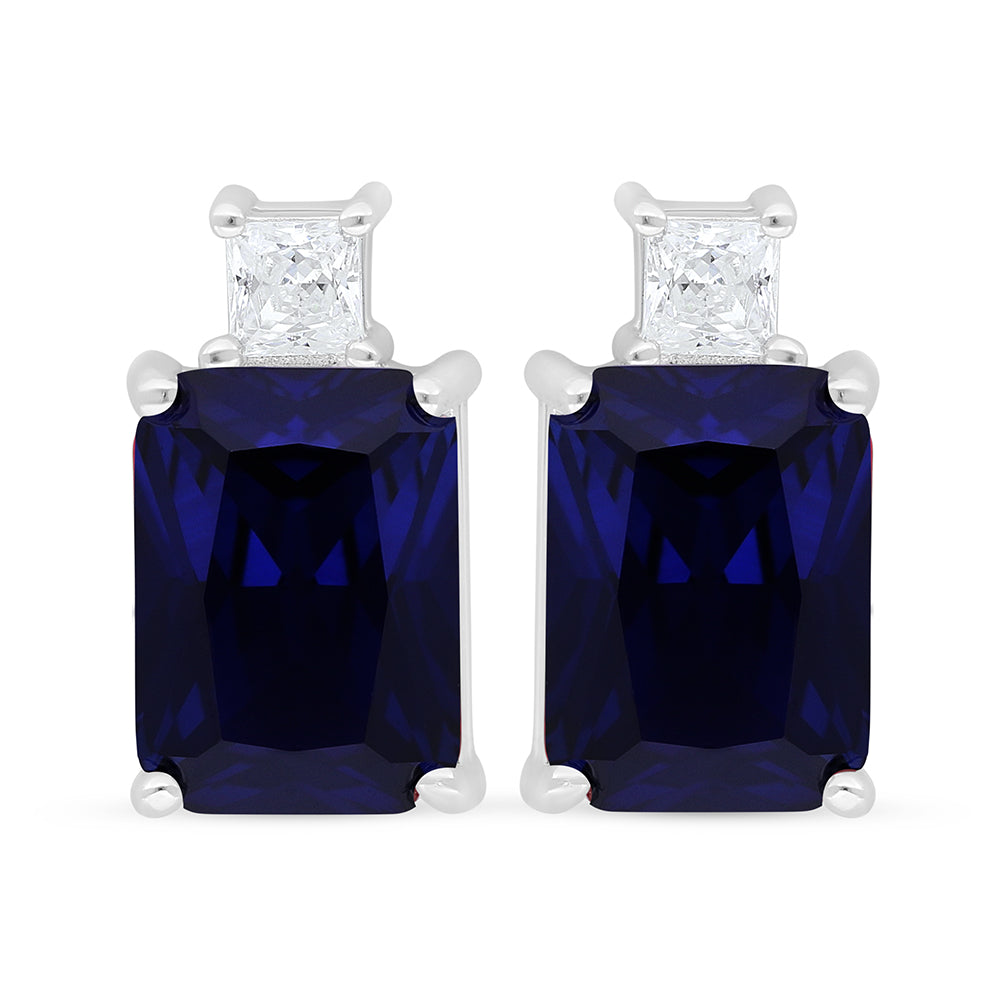 Sterling Silver 925 Earring Rhodium Plated Embedded With Sapphire Corundum And White Zircon
