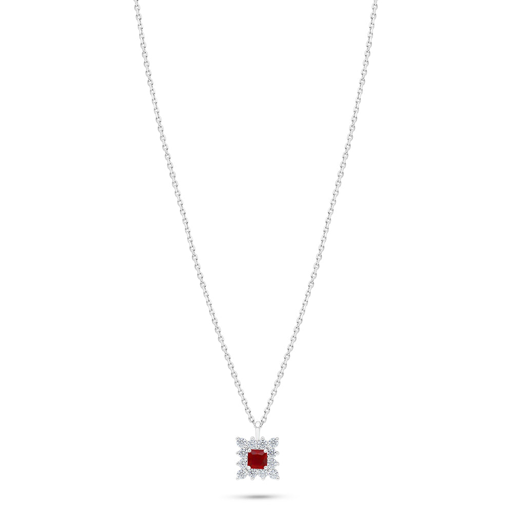 Sterling Silver 925 Necklace Rhodium Plated Embedded With Ruby Corundum And White Zircon