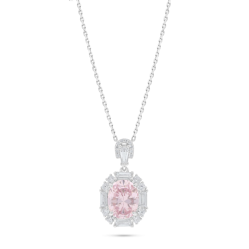 Sterling Silver 925 Necklace Rhodium Plated Embedded With Pink Zircon And White Zircon