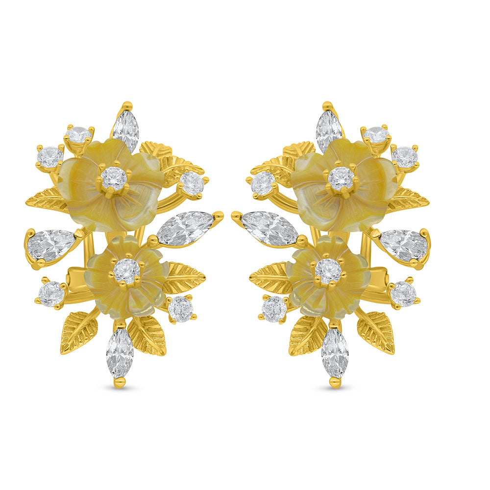 Sterling Silver 925 Earring Golden Plated Embedded With Yellow Shell And Diamond Zircon