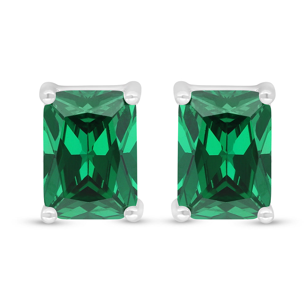 Sterling Silver 925 Earring Rhodium Plated Embedded With Emerald Zircon