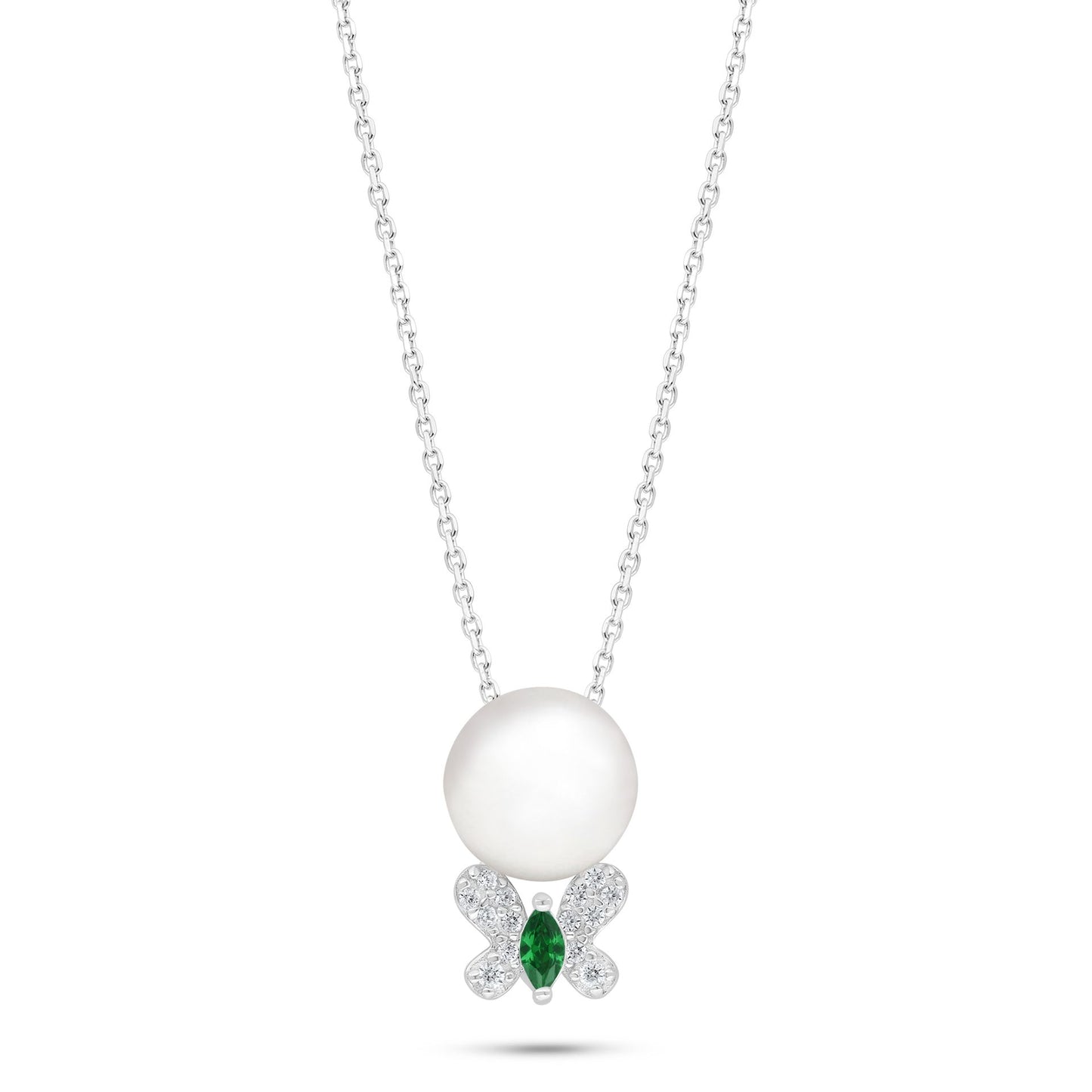 Sterling Silver 925 Necklace Rhodium Plated Embedded With Natural White Pearl And Emerald Zircon And White Zircon