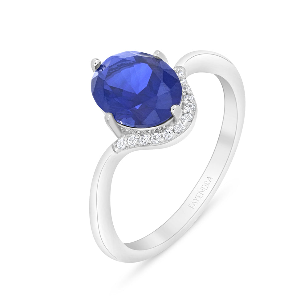 Sterling Silver 925 Ring Rhodium Plated Embedded With Sapphire Corundum And White Zircon