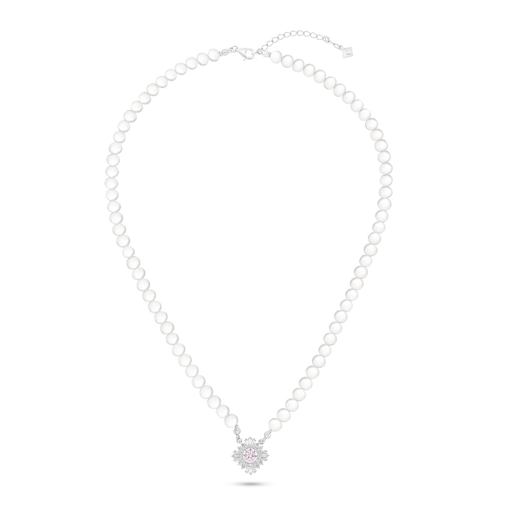 Sterling Silver 925 Necklace Rhodium Plated Embedded With Natural White Pearl, Pink Zircon And White Zircon