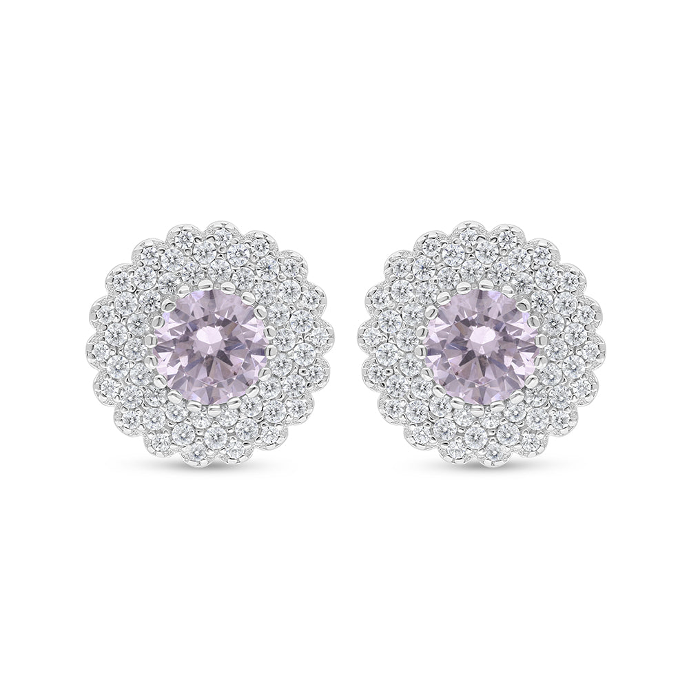 Sterling Silver 925 Earring Rhodium Plated Embedded With Pink Zircon And White Zircon