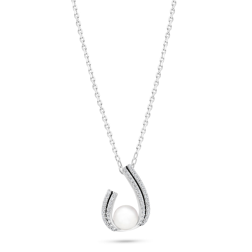 Sterling Silver 925 Necklace Rhodium Plated Embedded With Natural White Pearl And White Zircon