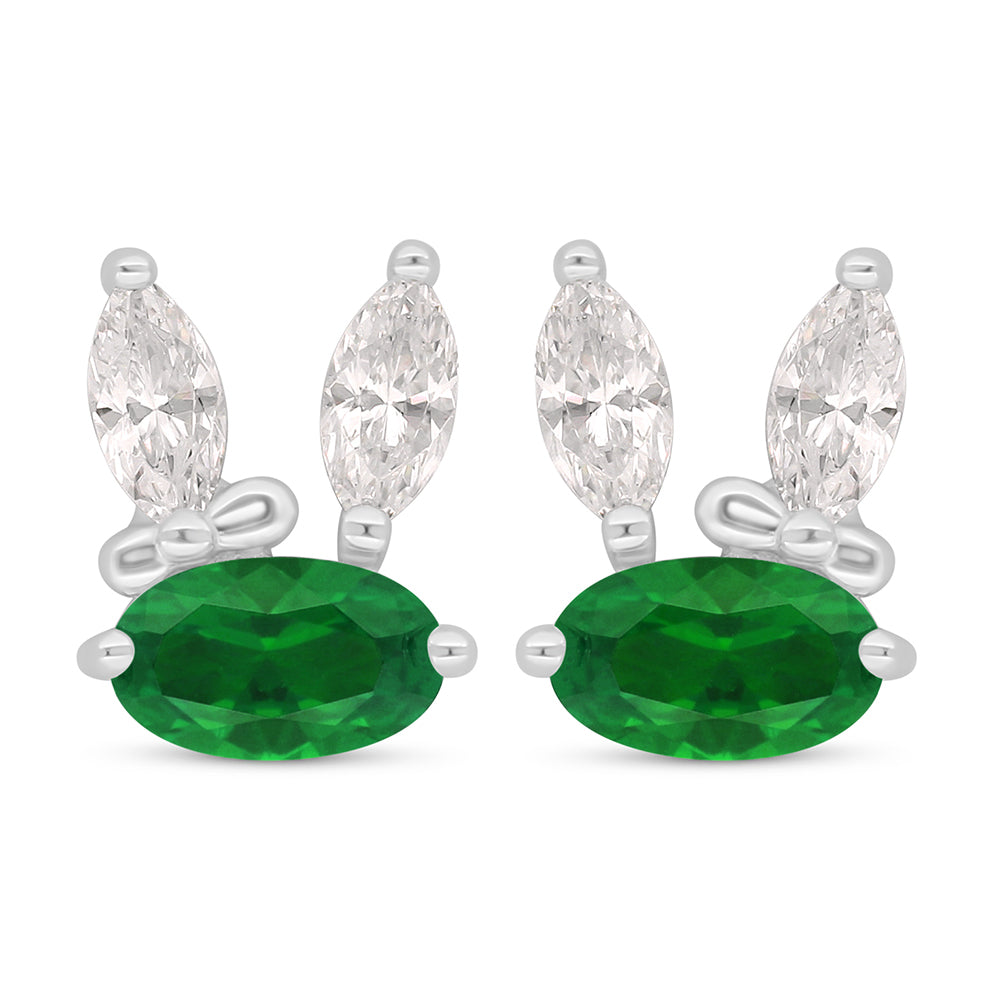 Sterling Silver 925 Earring Rhodium Plated Embedded With Emerald Zircon And White Zircon