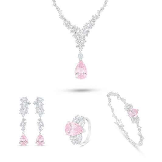Sterling Silver 925 SET Rhodium Plated Embedded With Pink Zircon And White Zircon