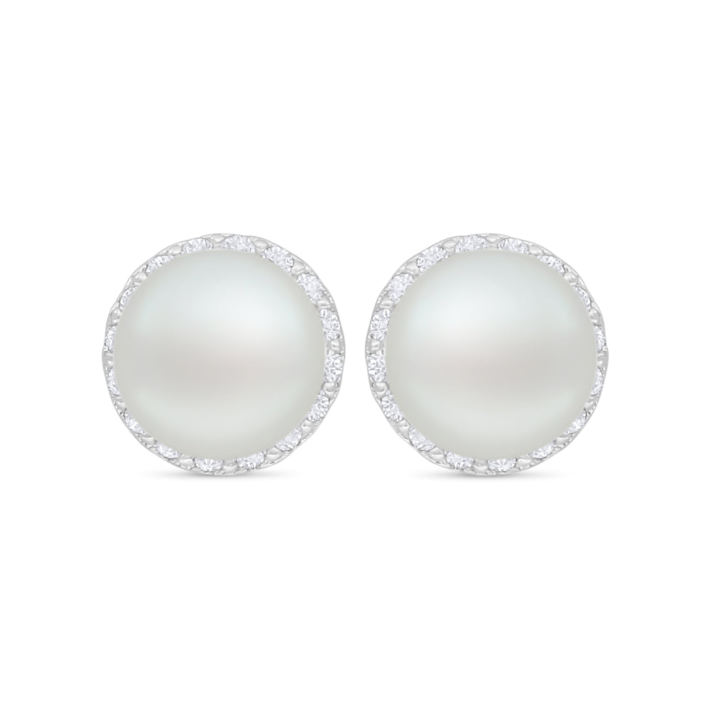 اقراط من الفضة الخالصة عيار 925 مطلي روديوم مرصع لولو ابيض طبيعي و فص ابيض