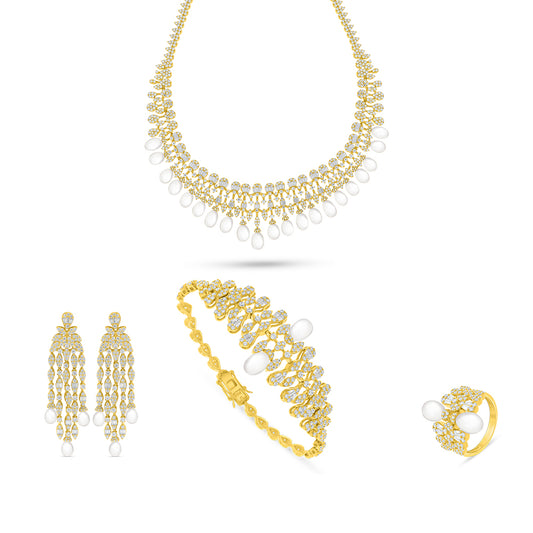 Sterling Silver 925 SET Golden Plated Embedded With Natural White Pearl And White Zircon
