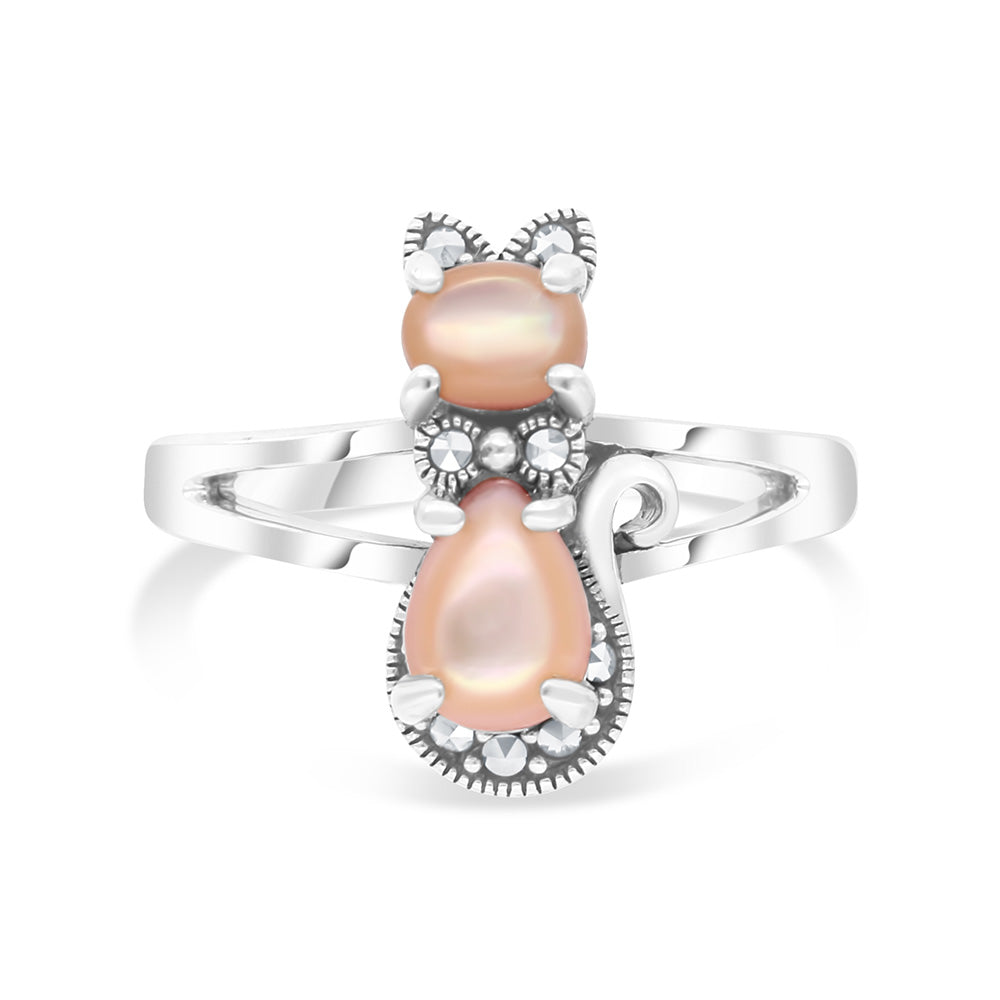 Sterling Silver 925 Ring Embedded With Natural Pink Shell And Marcasite Stones
