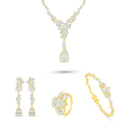 طقم من الفضة الخالصة عيار 925 مطلي ذهبي مرصع احجار زركون كناري الماسي و فص ابيض