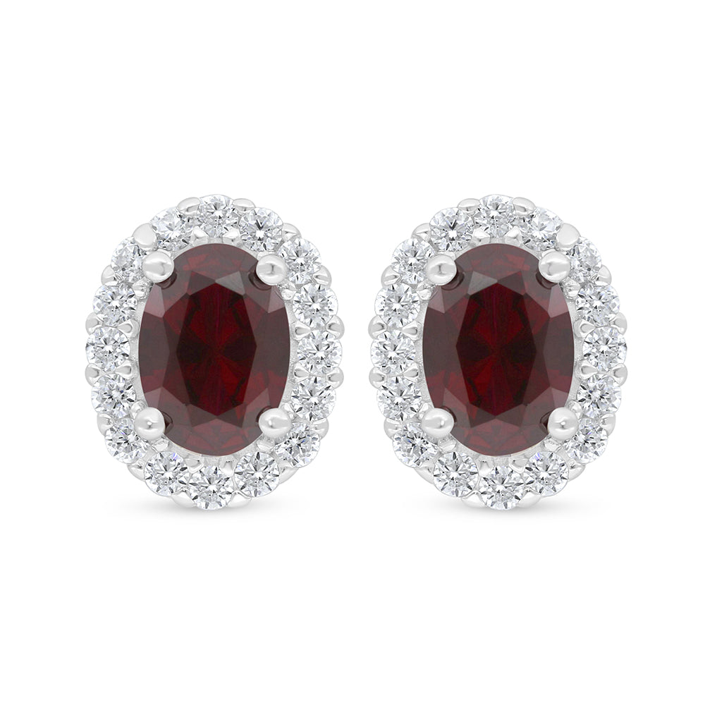 Sterling Silver 925 Earring Rhodium Plated Embedded With Ruby Corundum And White Zircon