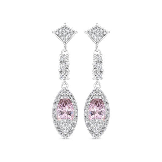 Sterling Silver 925 Earring Rhodium Plated Embedded With pink Zircon And White CZ