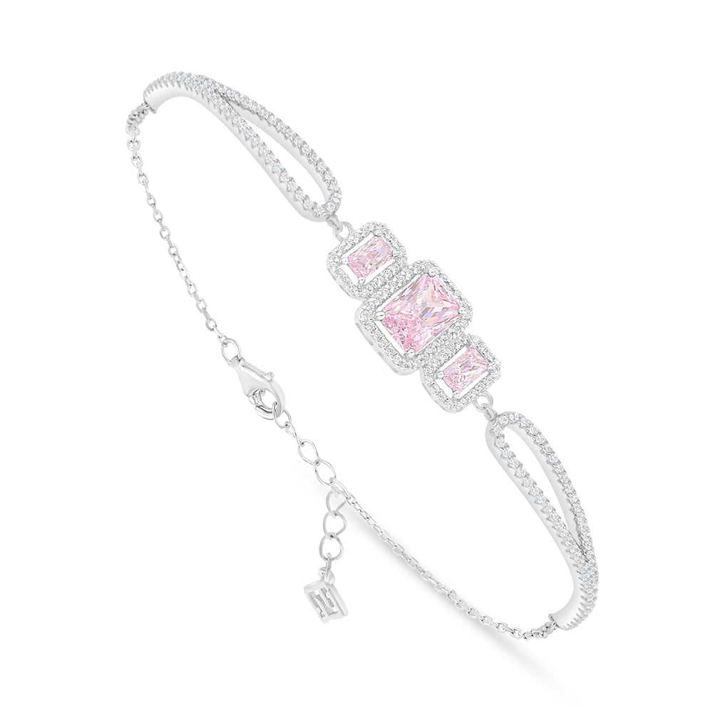 Sterling Silver 925 Bracelet Rhodium Plated Embedded With Pink Zircon And White Zircon
