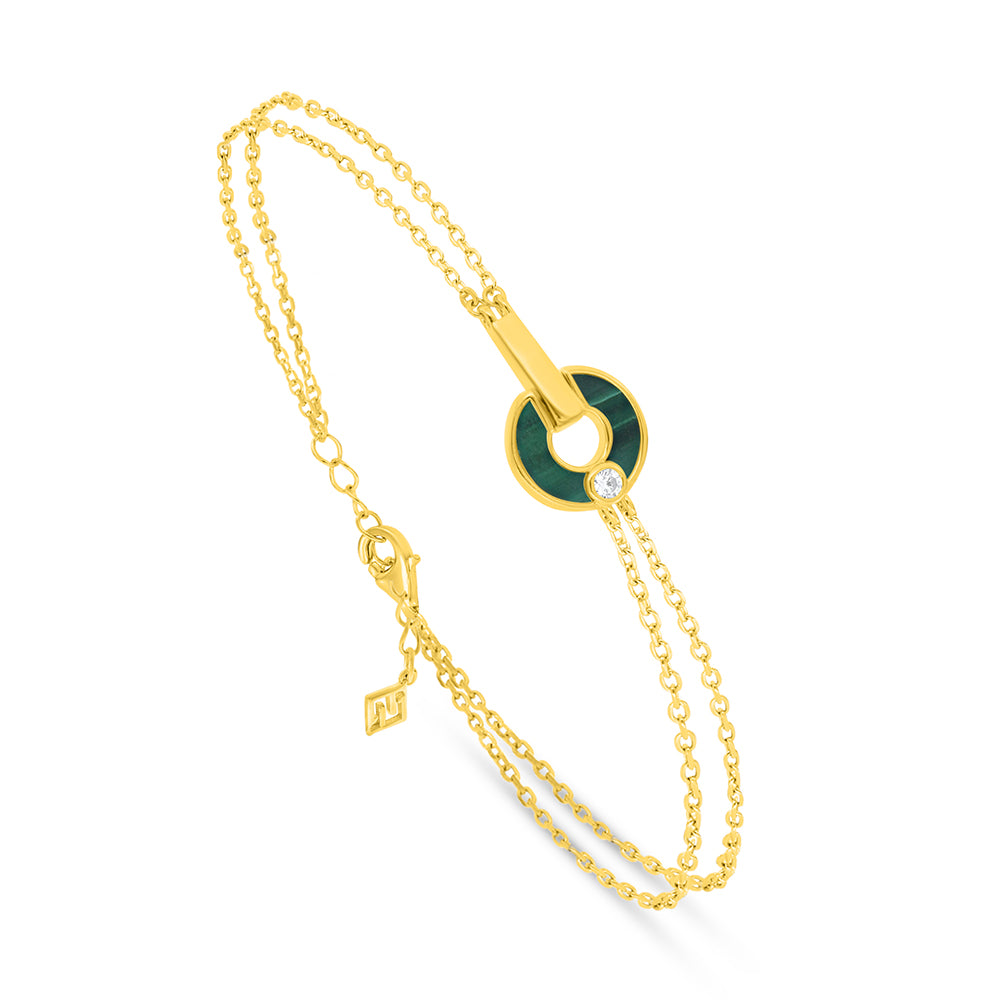 Sterling Silver 925 Bracelet Golden Plated Embedded With Malachite Stones And White Zircon