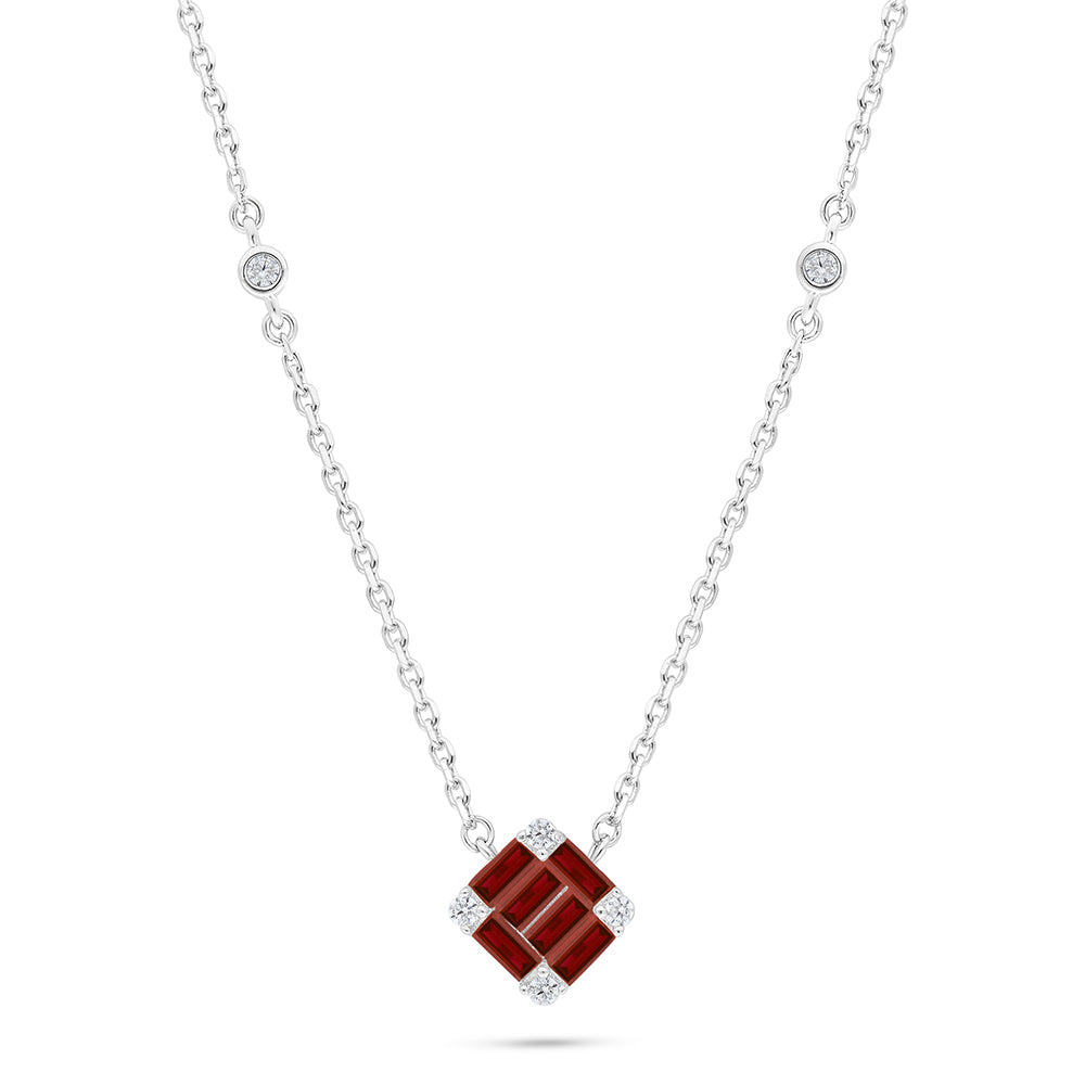 Sterling Silver 925 Necklace Rhodium Plated Embedded With Ruby Corundum And White Zircon