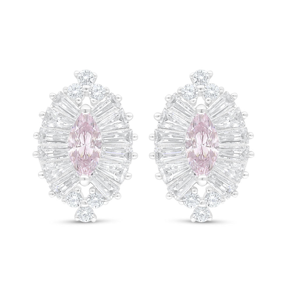 Sterling Silver 925 Earring Rhodium Plated Embedded With Pink Zircon And White Zircon