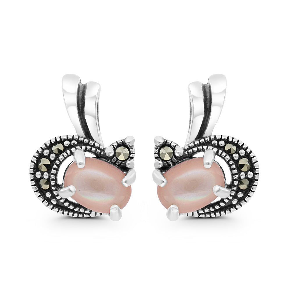 Sterling Silver 925 Earring Embedded With Natural Pink Shell And Marcasite Stones