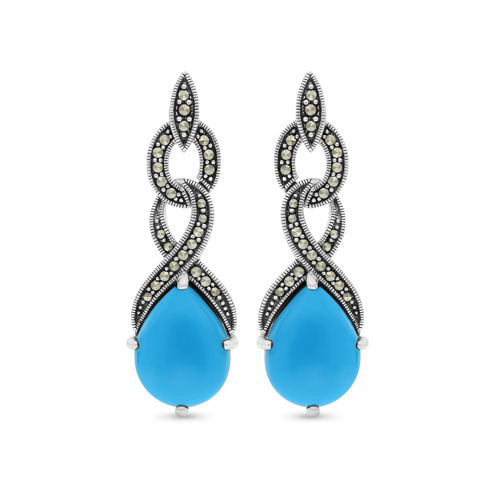 Sterling Silver 925 Earring Embedded With Natural Processed Turquoise And Marcasite Stones