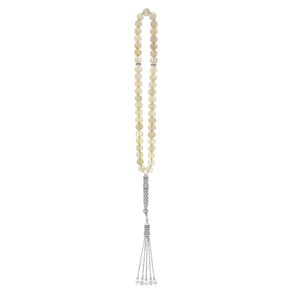 Natural Rutile Bead Rosary – 33 handmade beads featuring silver accents for spiritual practice or decoration.