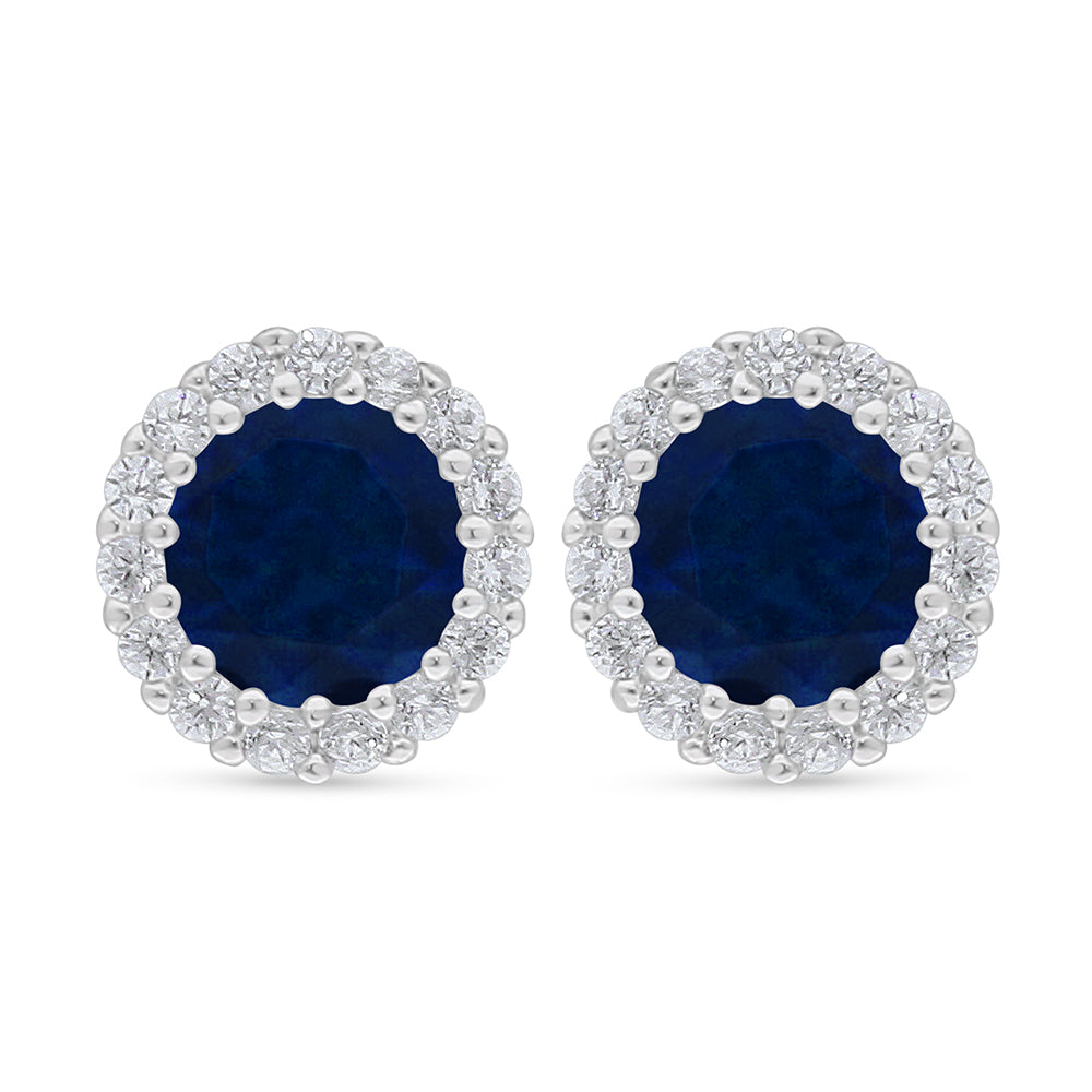 Sterling Silver 925 Earring Rhodium Plated Embedded With Sapphire Corundum And White Zircon