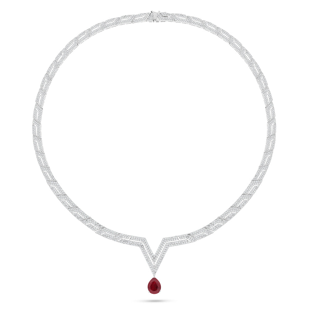 Sterling Silver 925 Necklace Rhodium Plated Embedded With Ruby Corundum And White Zircon