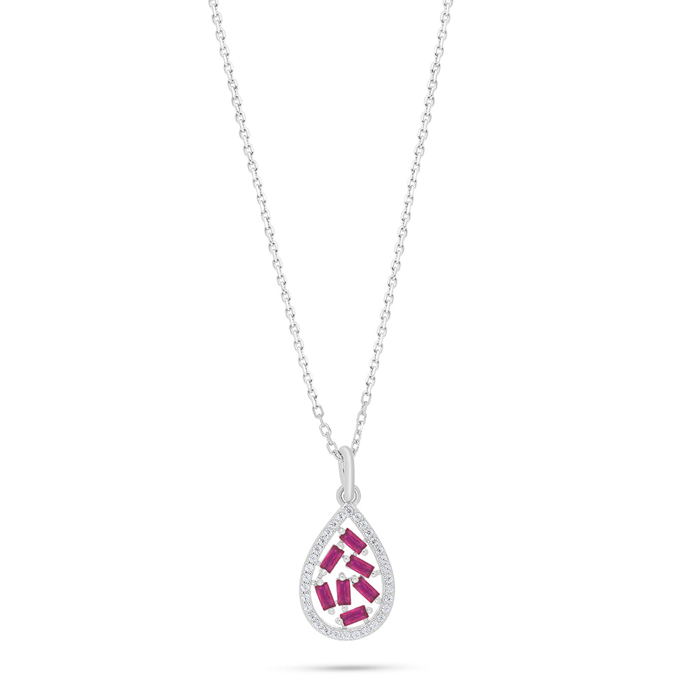 Sterling Silver 925 Necklace Rhodium Plated Embedded With Ruby Corundum And White Zircon