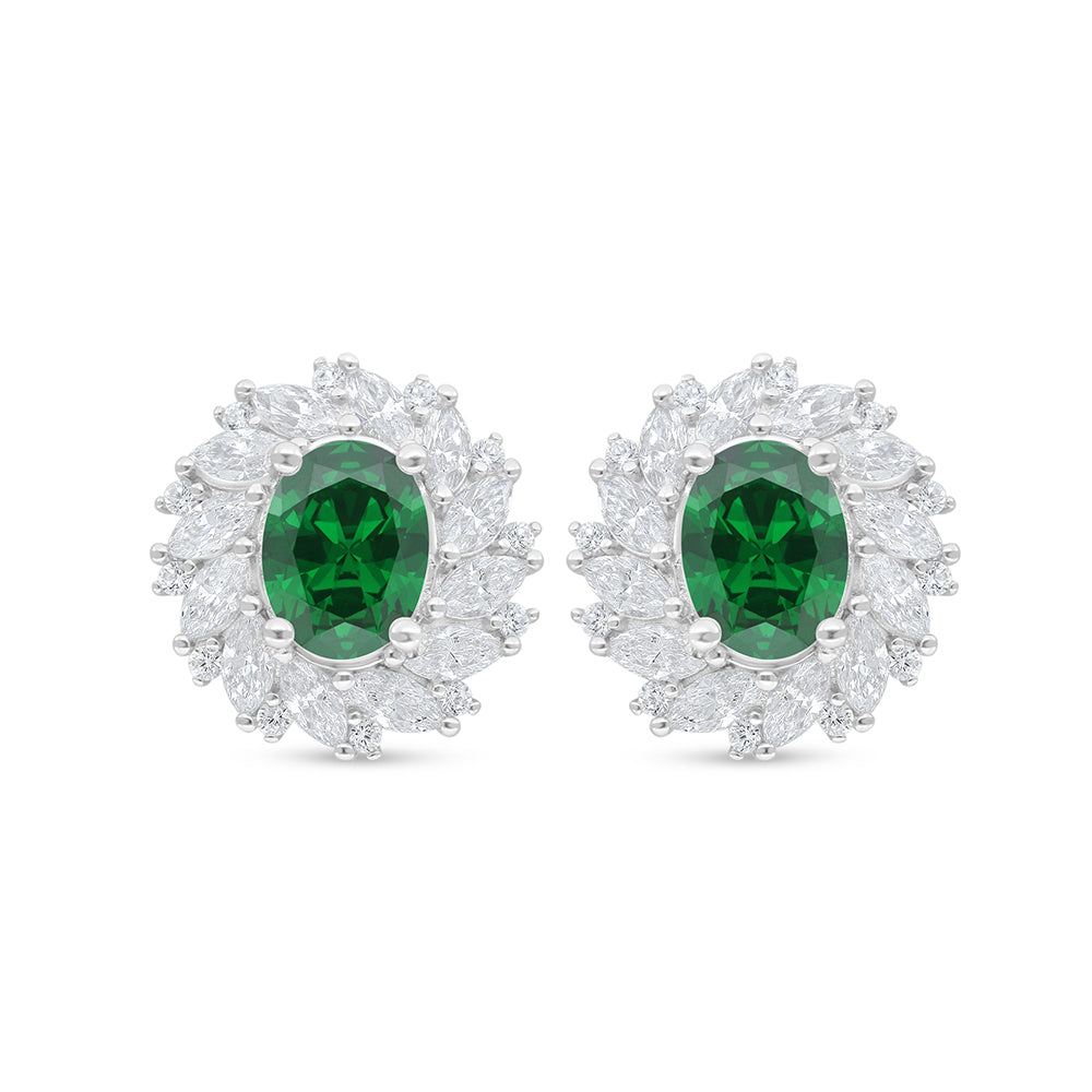 Sterling Silver 925 Earring Rhodium Plated Embedded With Emerald Zircon And White Zircon