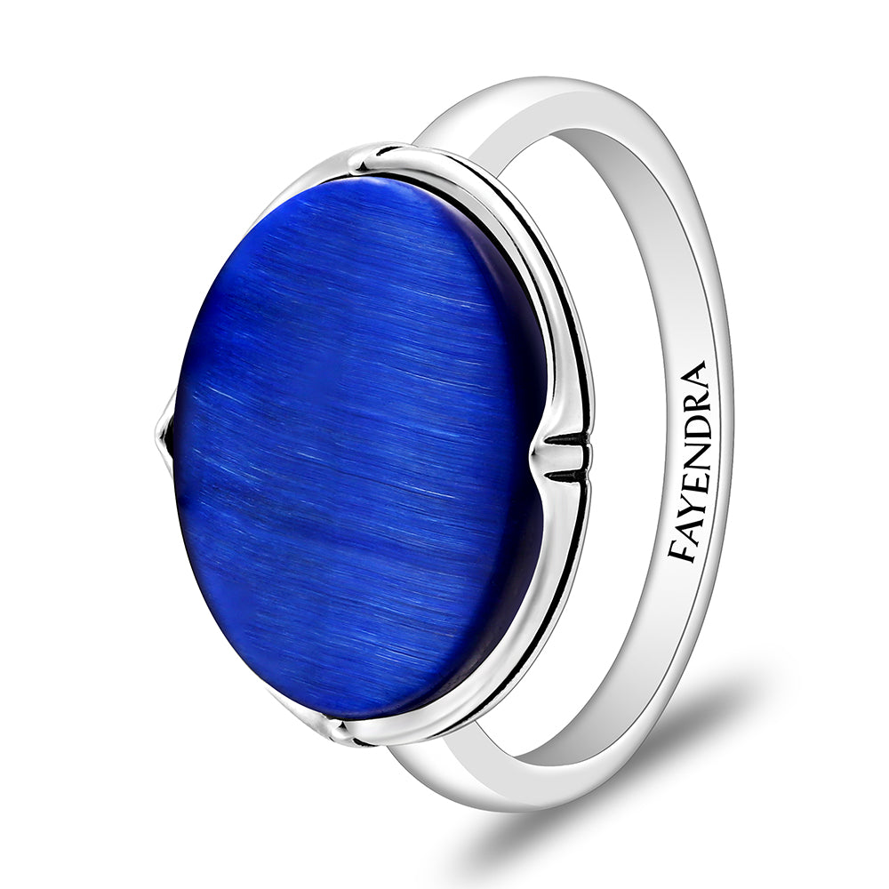 خاتم رجالي من الفضة الخالصة عيار 925 مطلي روديوم و اسود مرصع احجار عين النمر ازرق ملكي