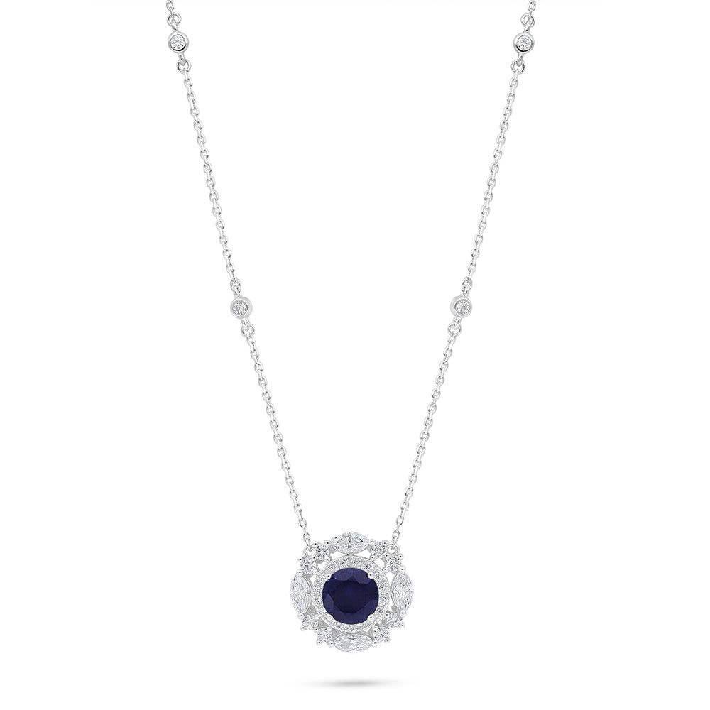 Sterling Silver 925 Necklace Rhodium Plated Embedded With Sapphire Corundum And White Zircon