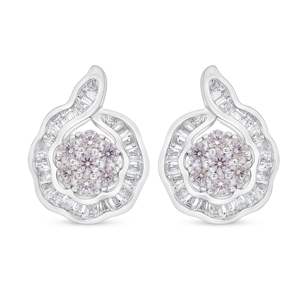 Sterling Silver 925 Earring Rhodium Plated Embedded With Pink Zircon And White Zircon