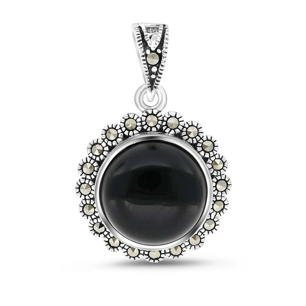 Sterling Silver 925 Pendant Embedded With Natural Black Agate And Marcasite Stones