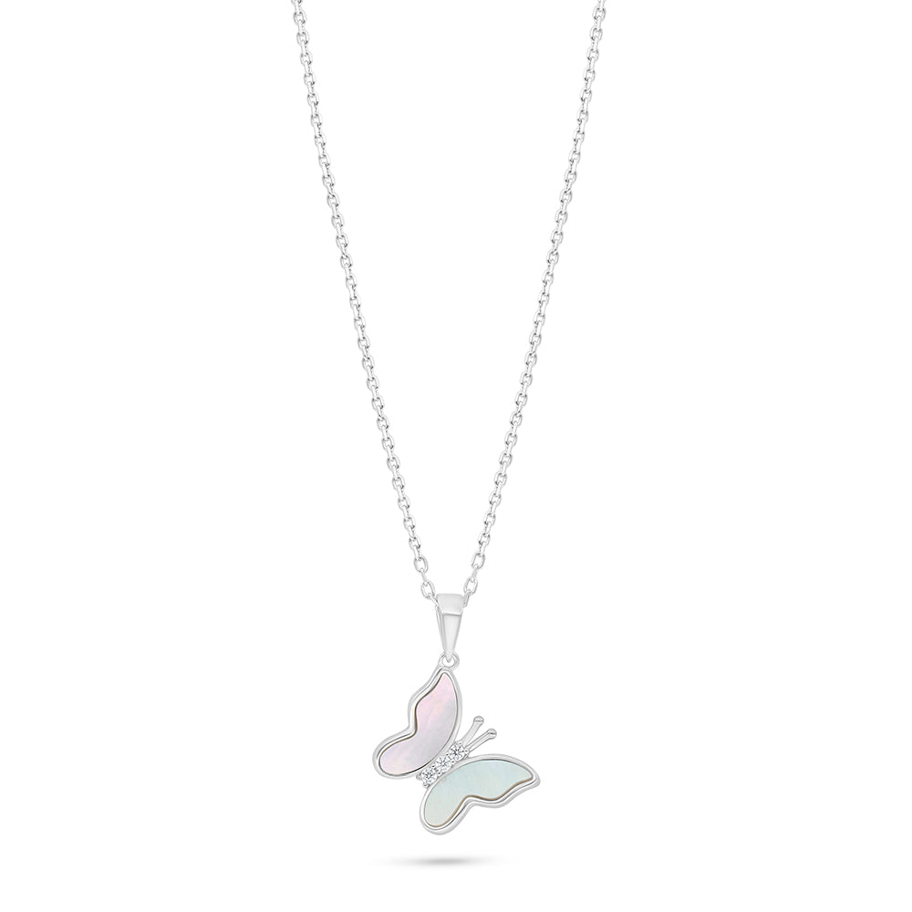 Sterling Silver 925 Necklace Rhodium Plated Embedded With White Shell And White Zircon