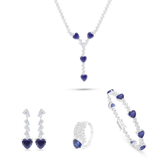 Sterling Silver 925 SET Rhodium Plated Embedded With Sapphire Corundum And White Zircon
