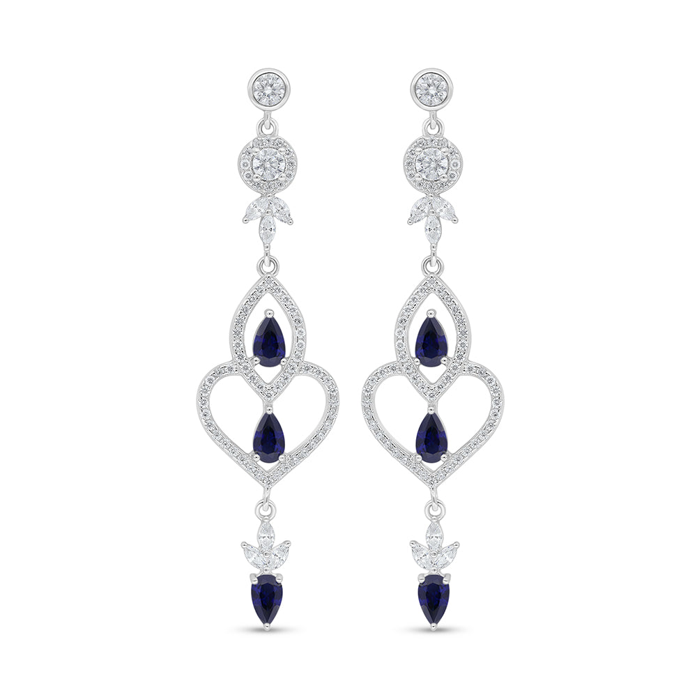Sterling Silver 925 Earring Rhodium Plated Embedded With Sapphire Corundum And White Zircon