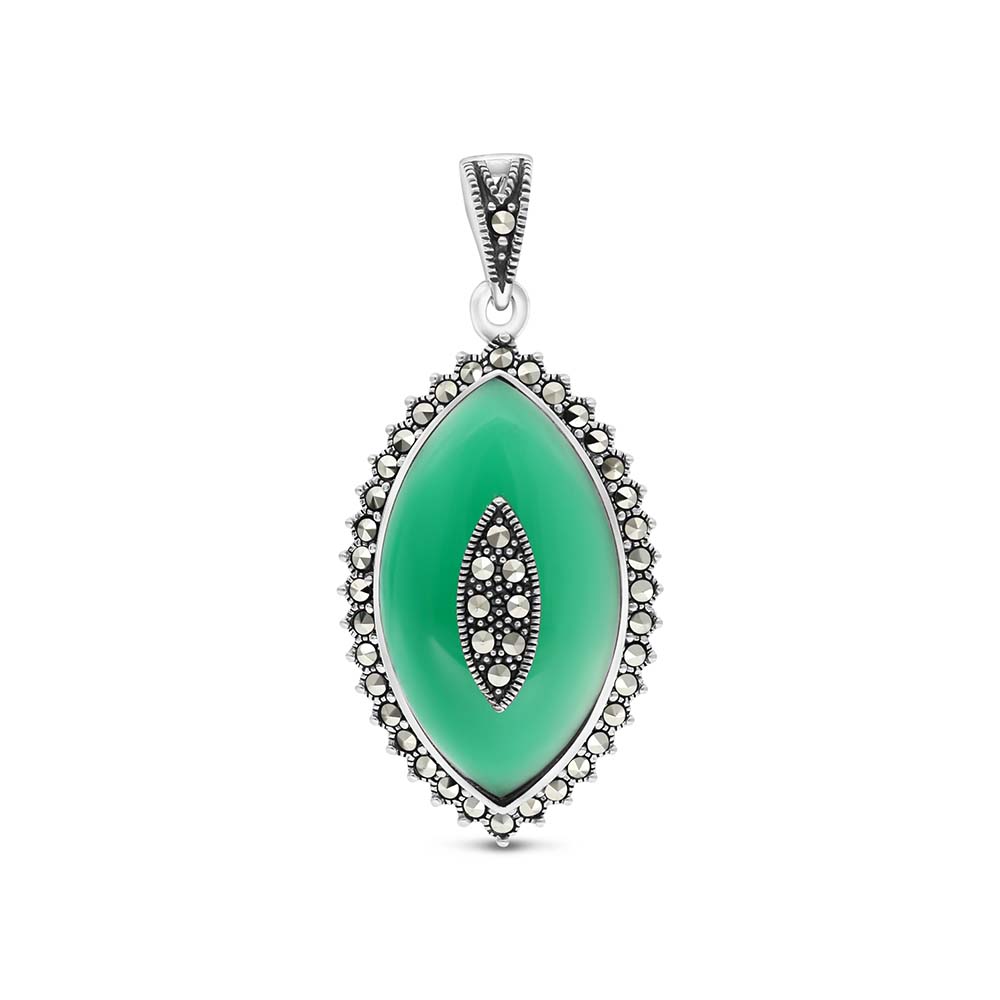 Sterling Silver 925 Pendant Embedded With Natural Green Agate And Marcasite Stones