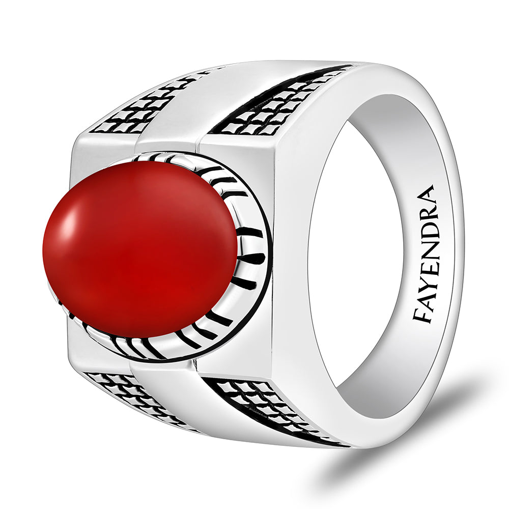 Sterling Silver 925 Ring Rhodium And Black Plated Embedded With Red Agate Cabochon For Men
