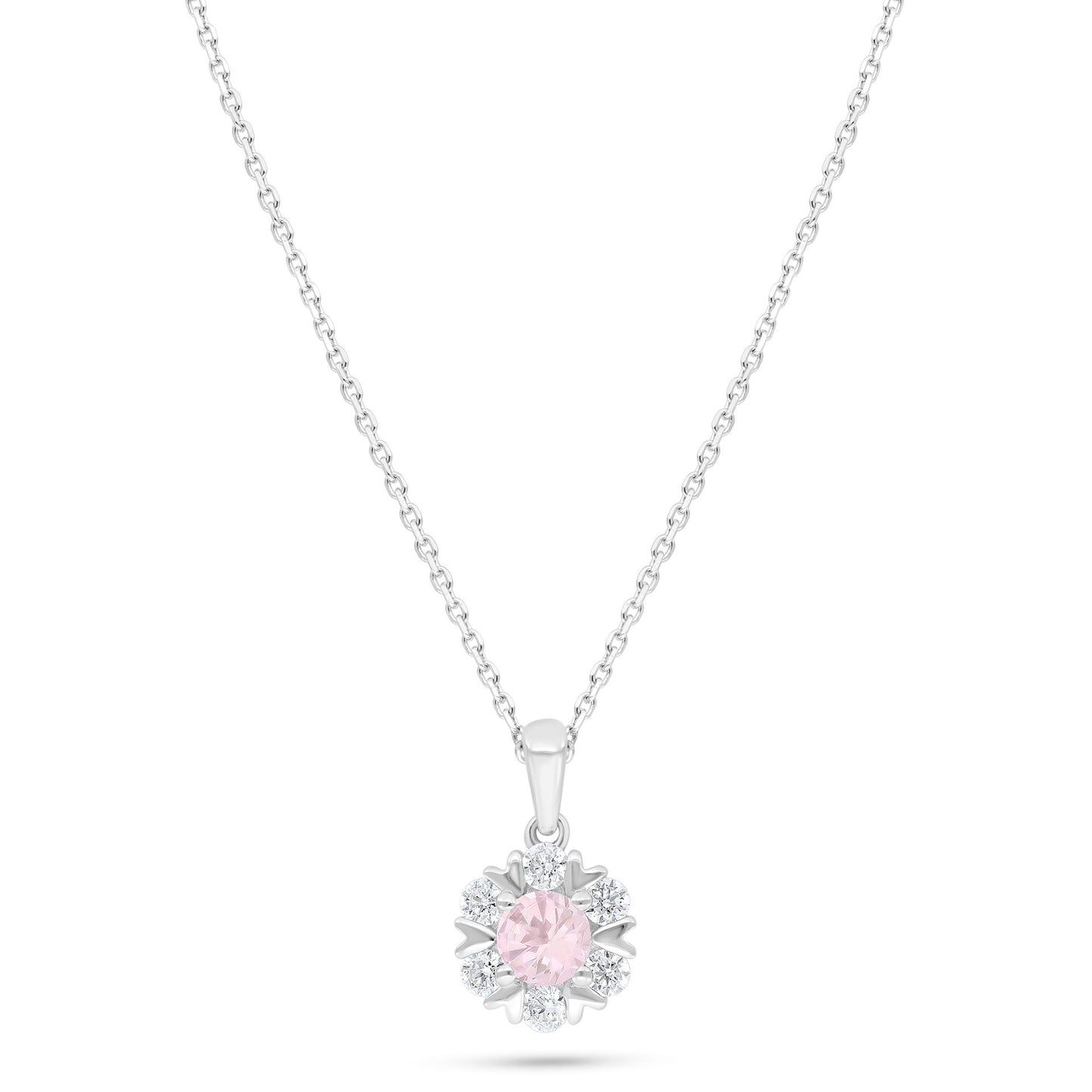 Sterling Silver 925 Necklace Rhodium Plated Embedded With Pink Zircon And White Zircon