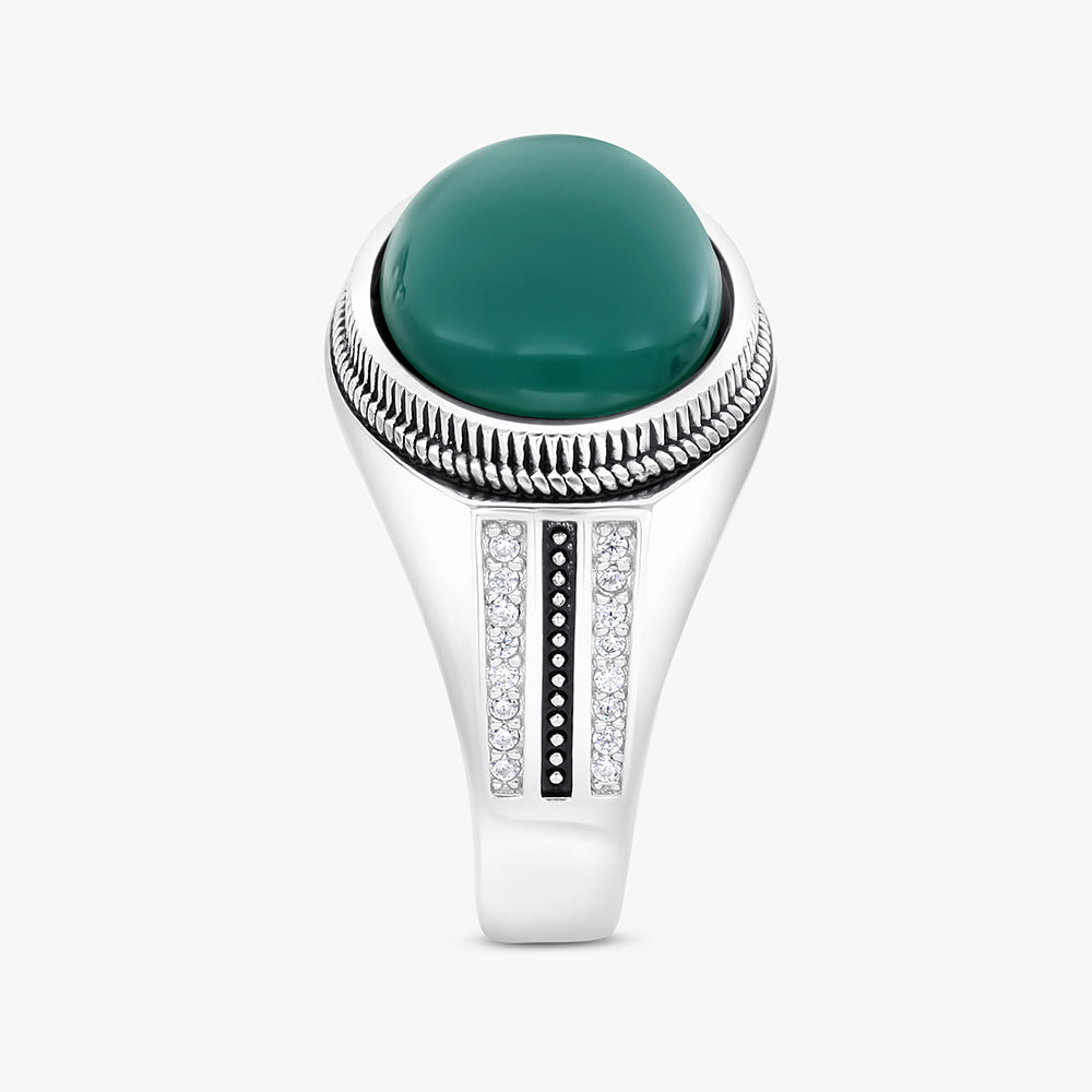 Sterling Silver 925 Ring Rhodium And Black Plated Embedded With Green Agate For Men And White CZ