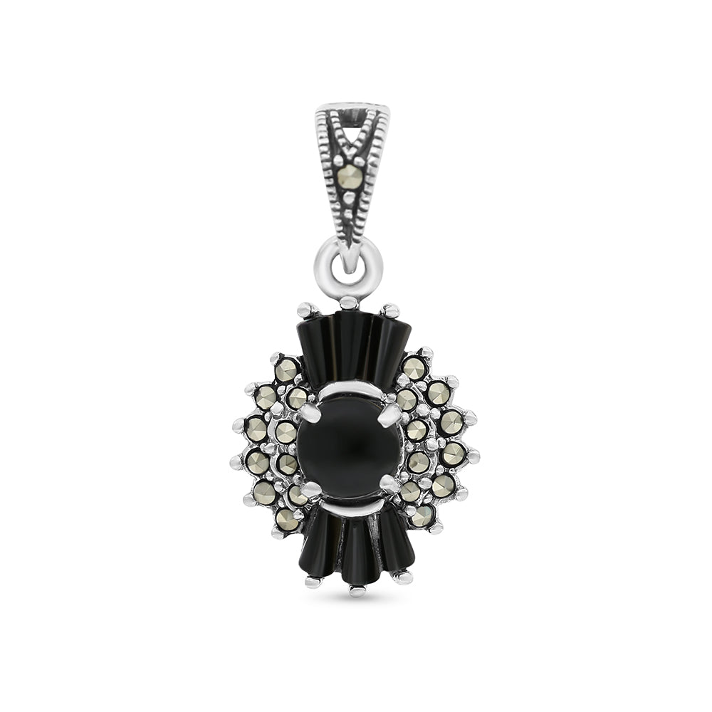 Sterling Silver 925 Pendant Embedded With Natural Black Agate And Marcasite Stones