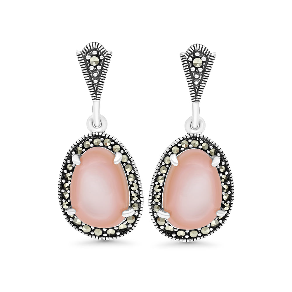 اقراط من الفضة الخالصة عيار 925 مرصعه احجار صدف وردي طبيعي و ماركسايت