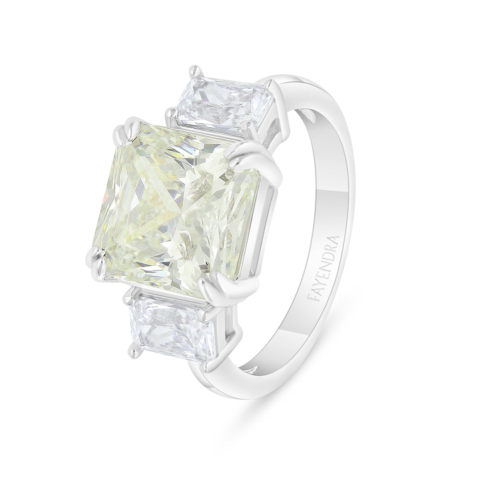 Sterling Silver 925 Ring Rhodium Plated Embedded With Yellow Diamond And White Zircon