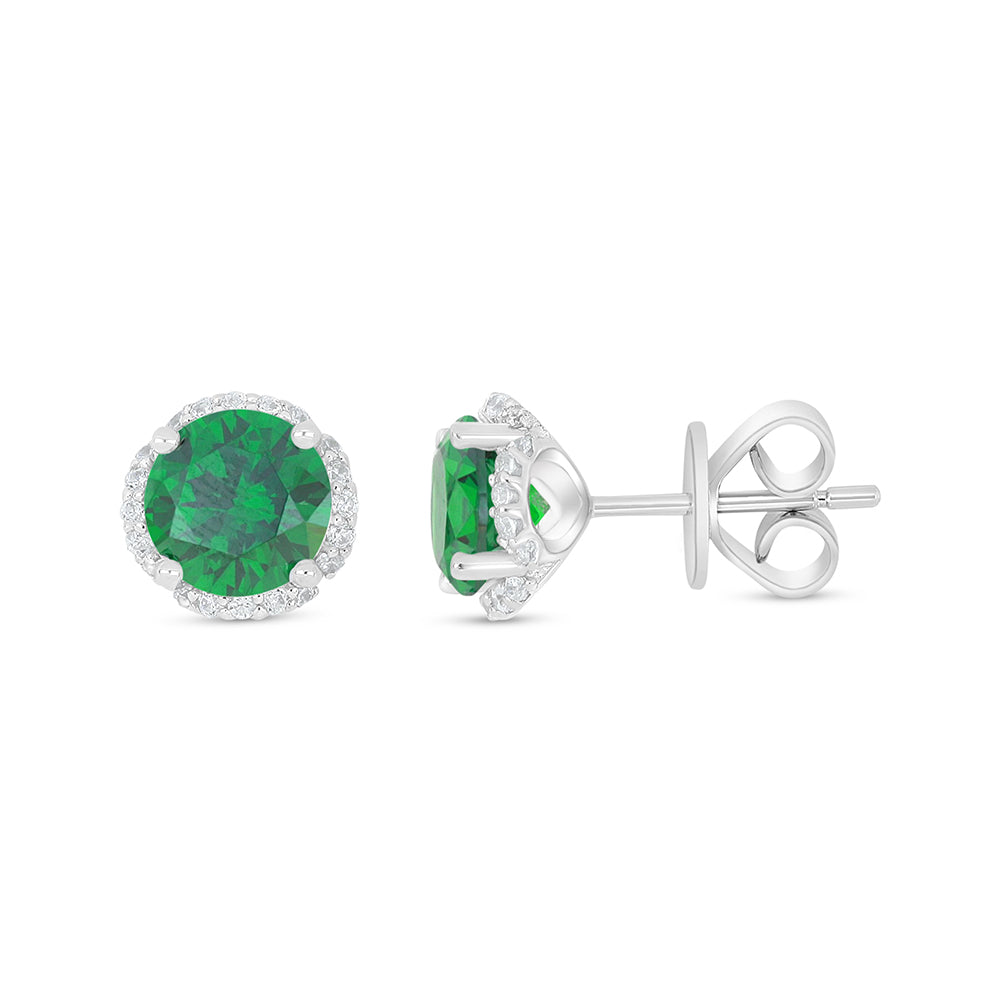 Sterling Silver 925 Earring Rhodium Plated Embedded With Emerald Zircon And White Zircon