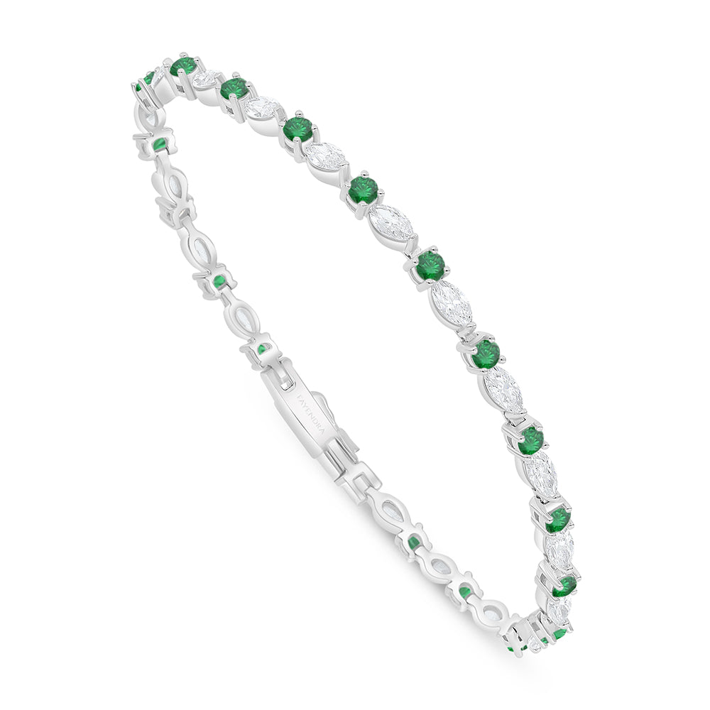 Sterling Silver 925 Bracelet Rhodium Plated Embedded With Emerald Zircon And White Zircon