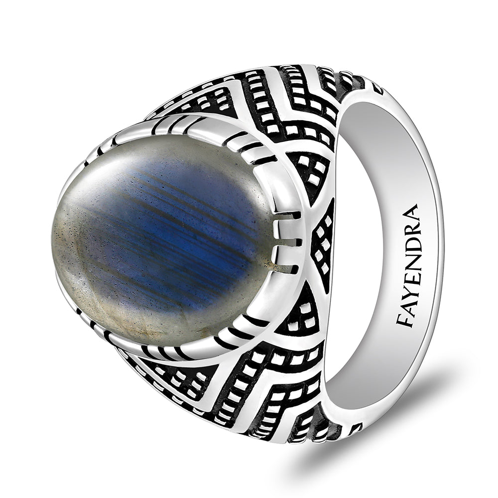 خاتم رجالي من الفضة الخالصة عيار 925 مطلي روديوم و اسود مرصع احجار لابرادوريت اوبالي كابشون