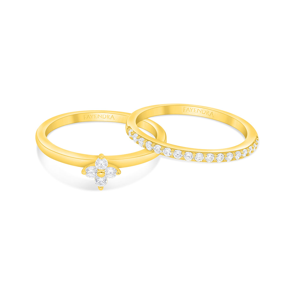 Sterling Silver 925 Ring (Twins) Golden Plated Embedded With White Zircon