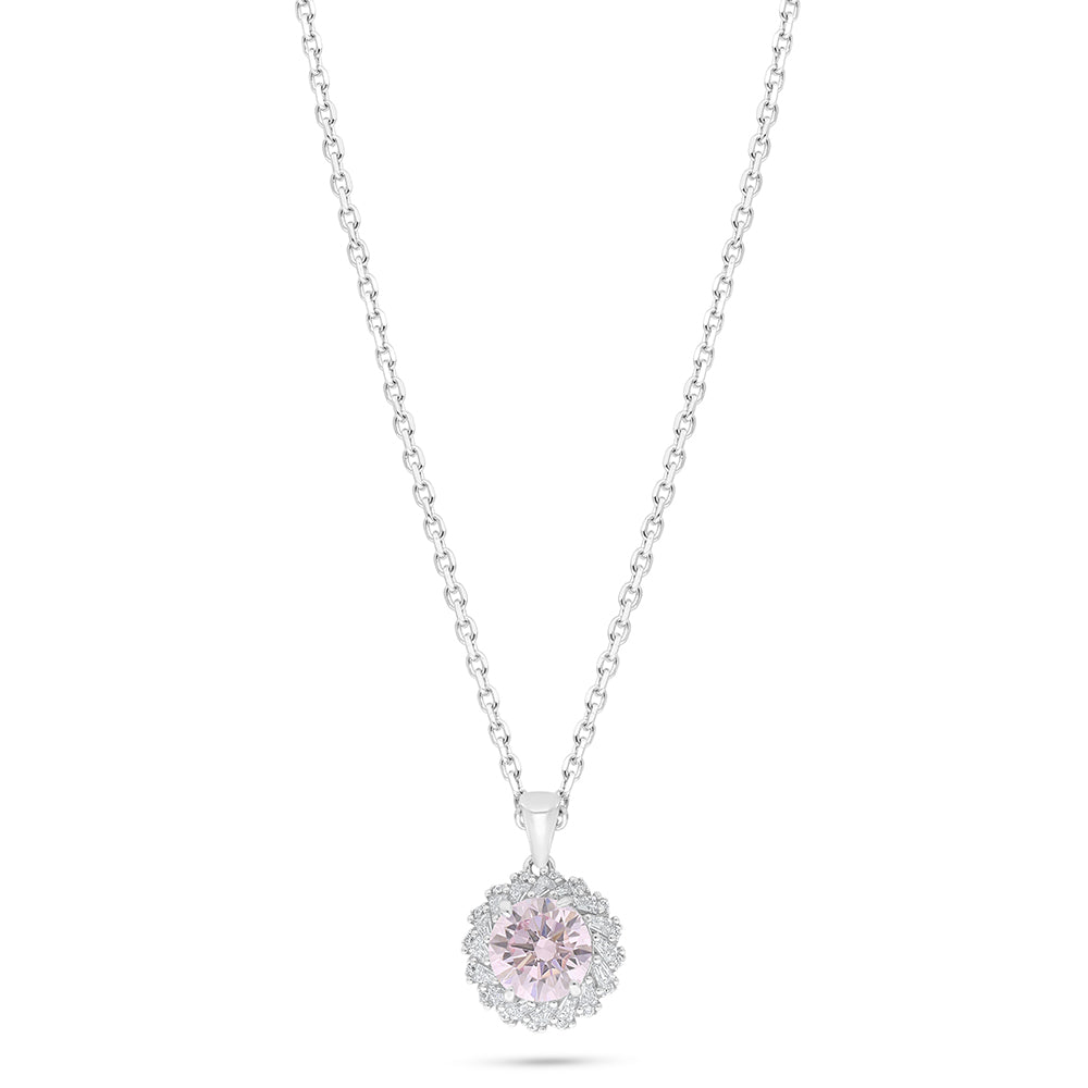 Sterling Silver 925 Necklace Rhodium Plated Embedded With Pink Zircon And White Zircon